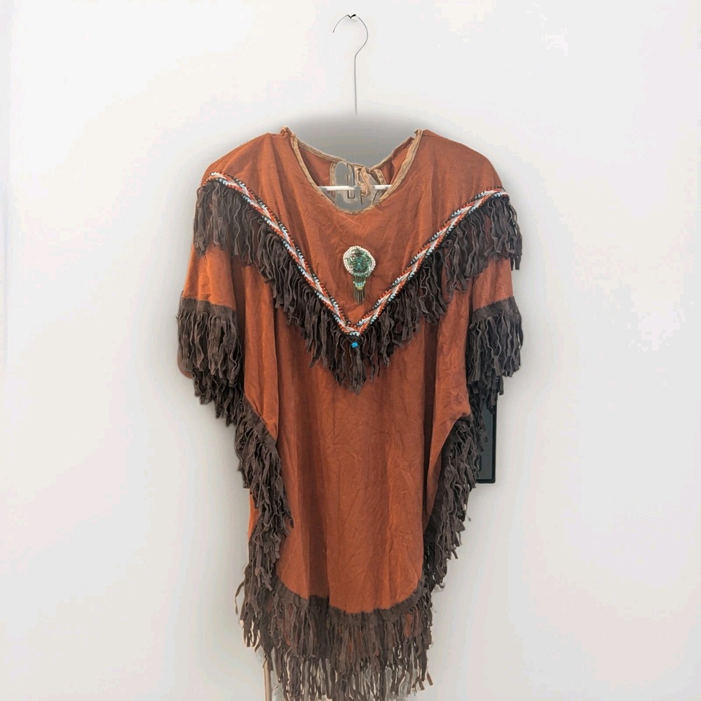 Faux Suede Fringe Poncho Tunic Boho Western Turquoise Beaded Festival Costume